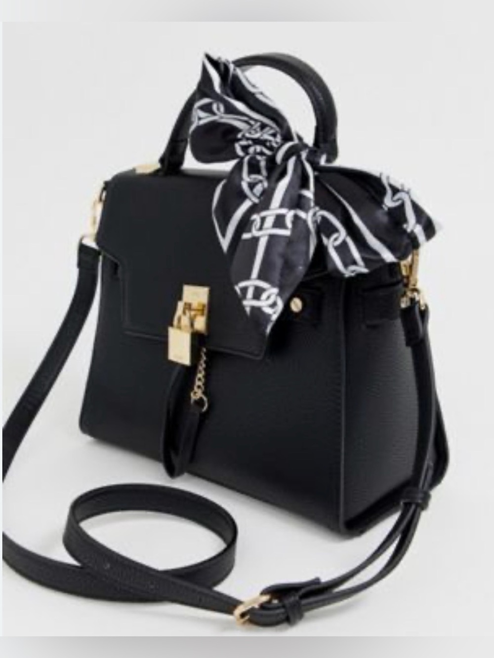 Aldo Black Faux Leather Top-Handle Satchel with Scarf Accent & Gold Hardware